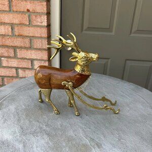 Vintage Brass and Wood Holiday Reindeer Sleigh Harness Decor